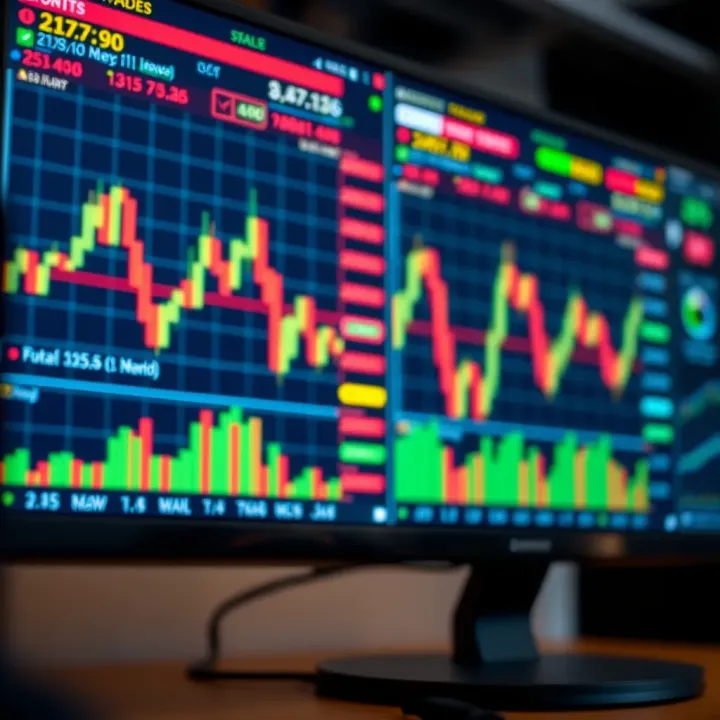 Digital interface displaying stock market charts and trading indicators