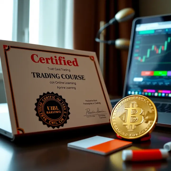 Certificate with a seal next to a laptop displaying trading platform
