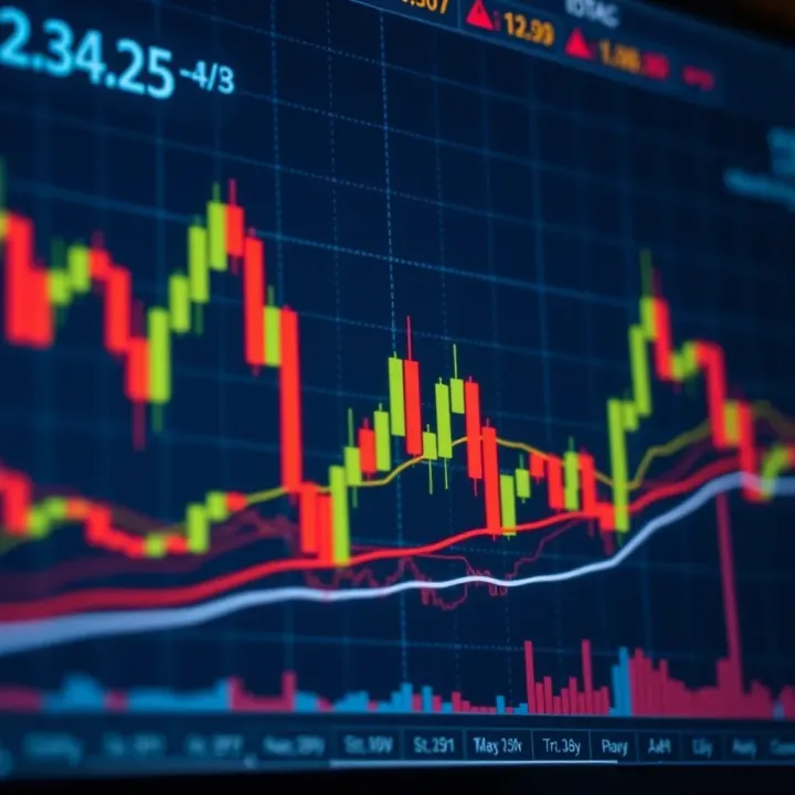 Chart showing candlestick patterns and moving averages used in technical analysis