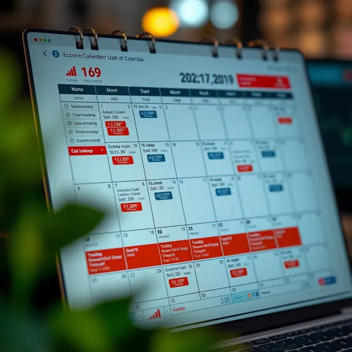 Calendar with marked economic events and financial charts